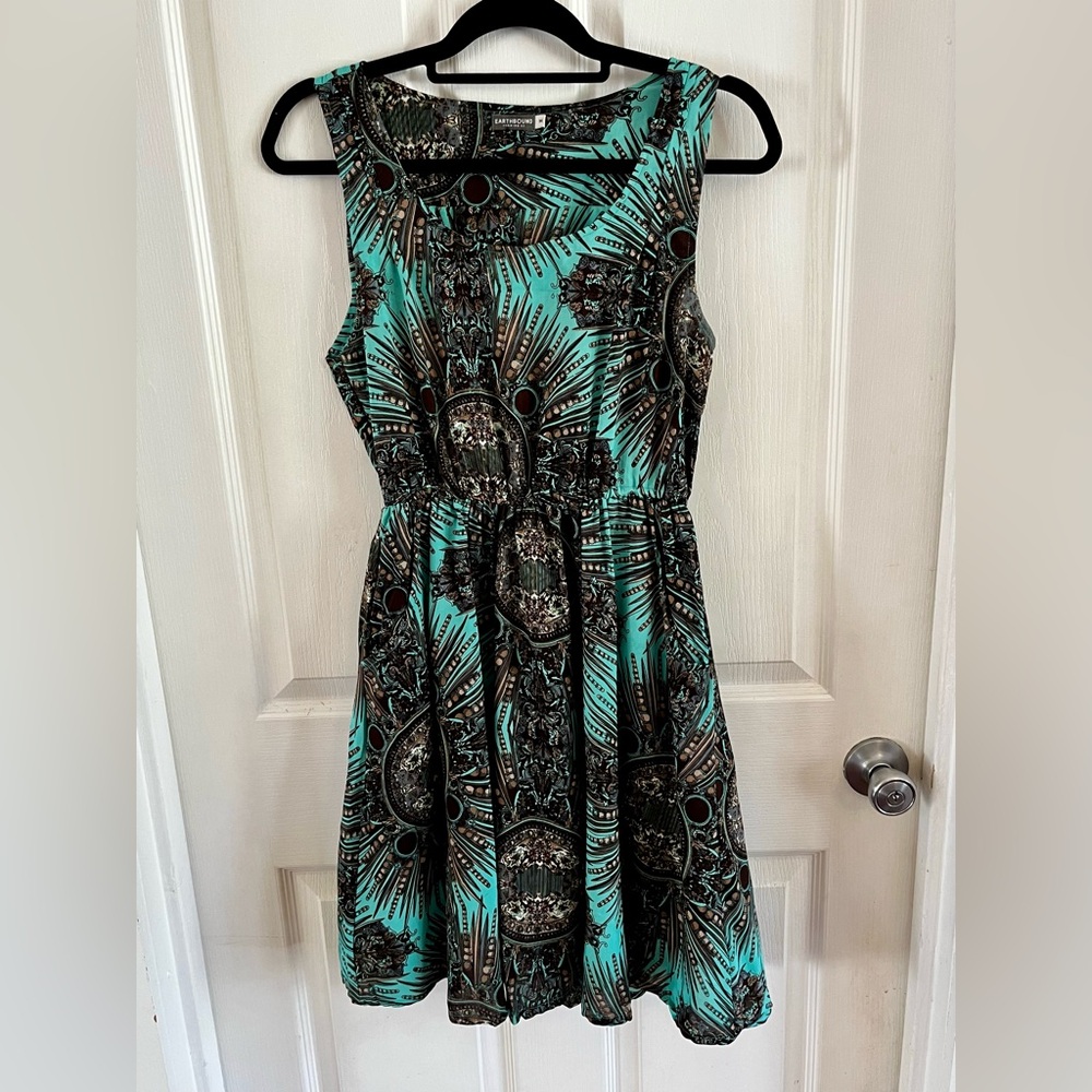 EUC Earthbound Trading Co. Teal & Feather Patterned Mini Dress Pockets Medium - Picture 7 of 14